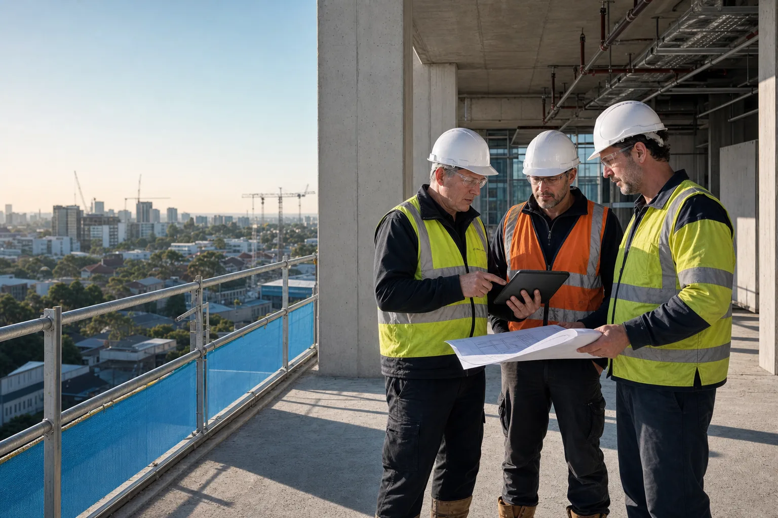 Commercial construction team reviewing project information on a Brisbane site.
