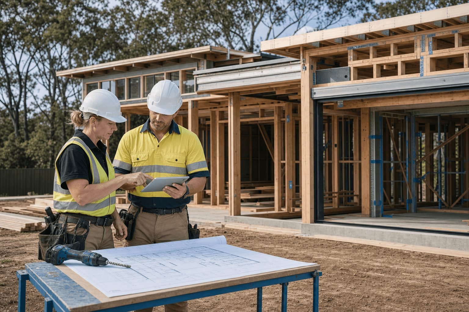 Two custom home building professionals reviewing a tablet and house plans on an Australian residential construction site.