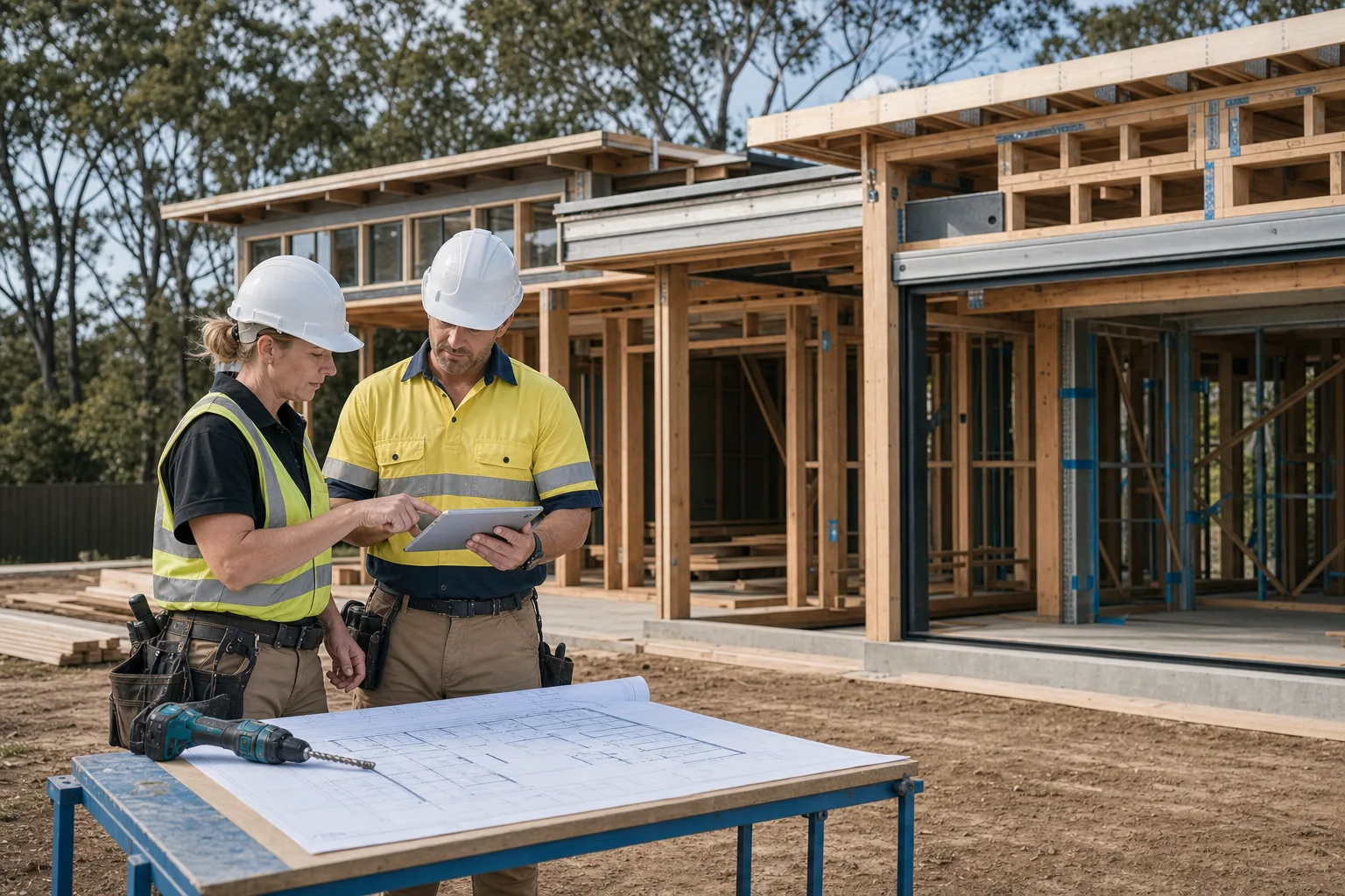Two custom home building professionals reviewing a tablet and house plans on an Australian residential construction site.