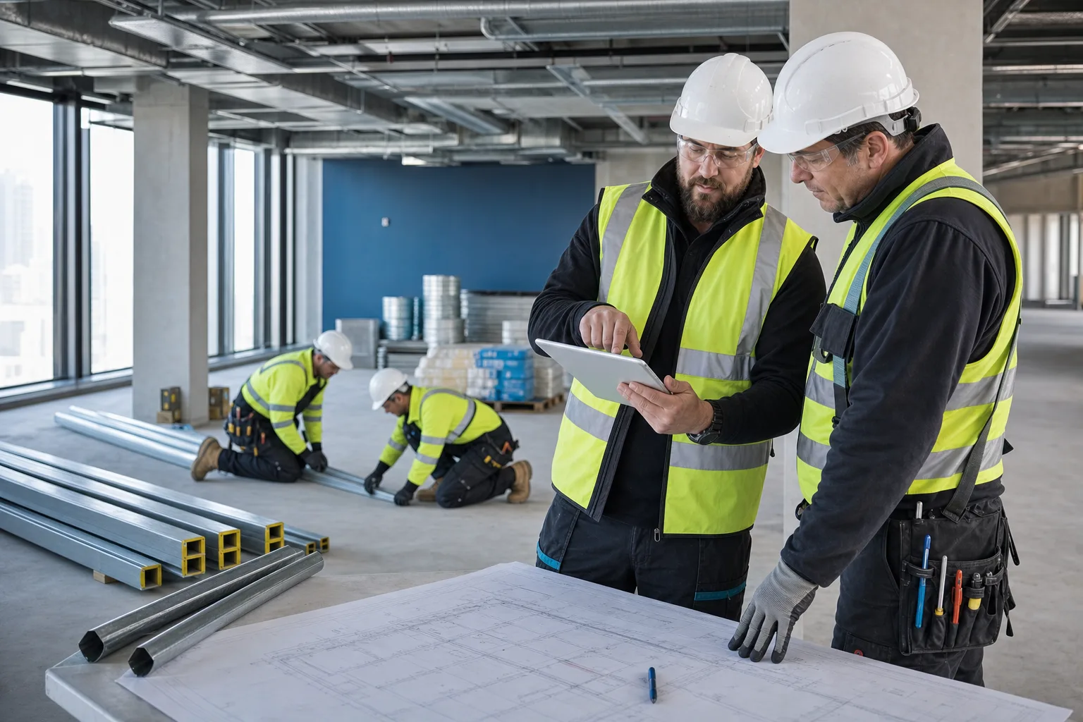Trade contractor and foreperson reviewing a tablet and drawings on an Australian commercial fitout project.